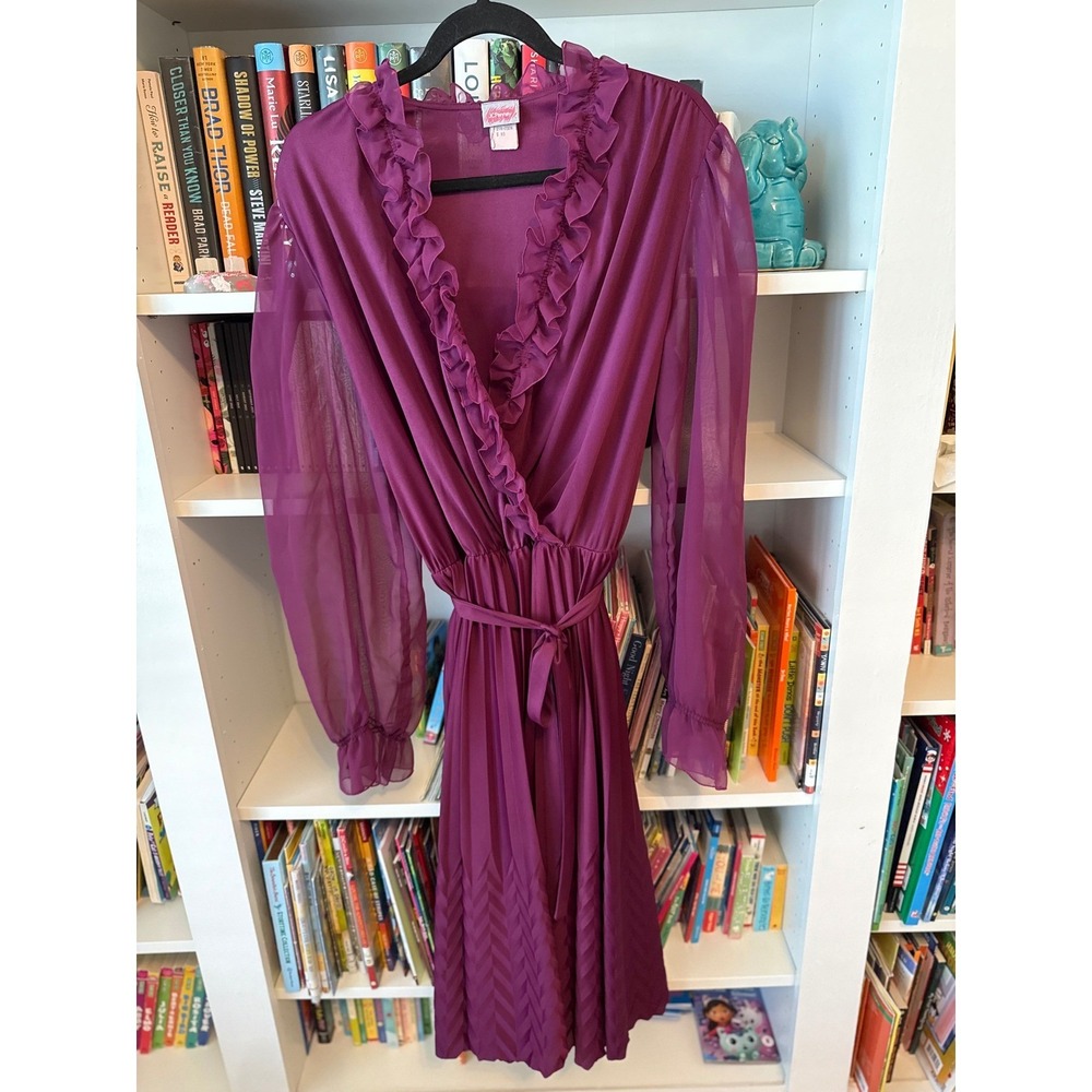 80s Pleated Midi Dress Ruffle Wrap Sheer Sleeve Plum Size 10 - Picture 3 of 6